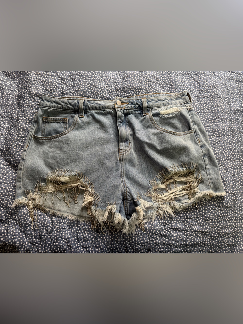 Distressed Sequin Tassel Light Wash Denim Shorts